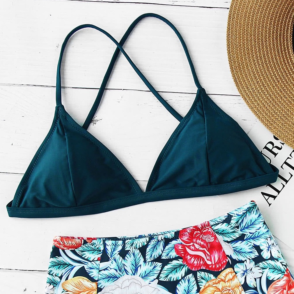 ⚡️🇺🇸🆕➕Blue triangle top high waist floral set - Picture 4 of 6